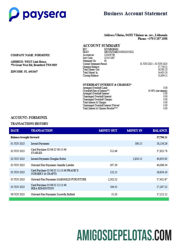 Baixável Lituano Paysera Firm Account Statement Word And PDF modelo (1)